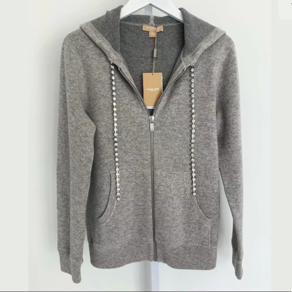 MICHAEL KORS COLLECION PEARL GRAY EMBELLISHED HOODED SWEATSHIRT SIZE M NWTS!